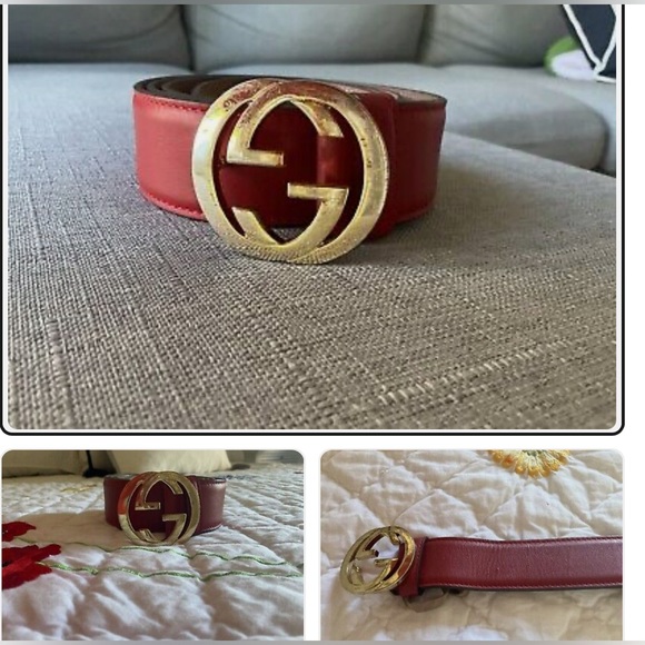 Gucci Red Leather Belt with Gold Logo Buckle - Picture 2 of 3